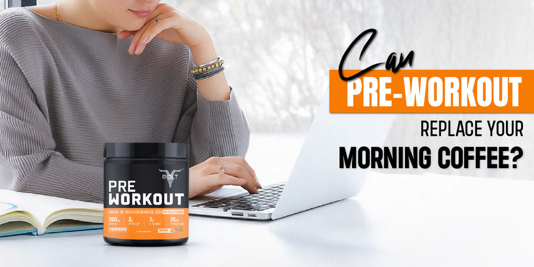 Woman working on a laptop with a tub of Bolt Pre-Workout on the table, highlighting the question: Can pre-workout replace your morning coffee?