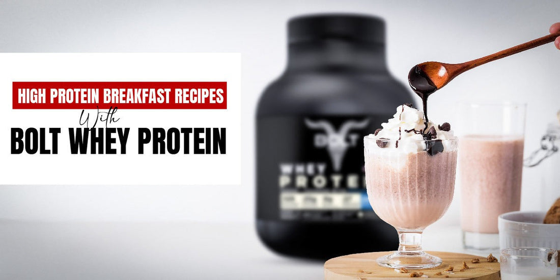 High Protein Breakfast Recipes with Bolt Whey Protein shake topped with whipped cream and chocolate syrup