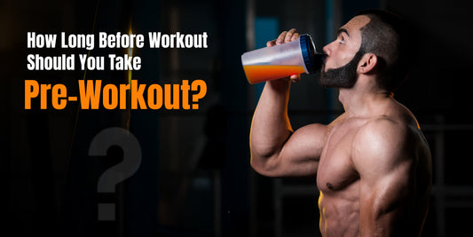 Muscular man drinking a pre-workout supplement shake from a shaker bottle in the gym, with text overlay asking ‘How long before workout should you take pre-workout?
