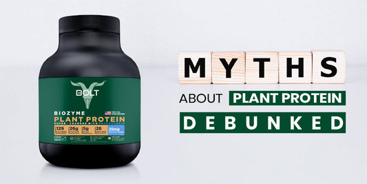 Bolt Biozyme Plant Protein jar with text “Myths About Plant Protein Debunked
