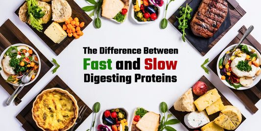 Variety of foods containing fast and slow digesting proteins such as cheese, steak, eggs, and salad