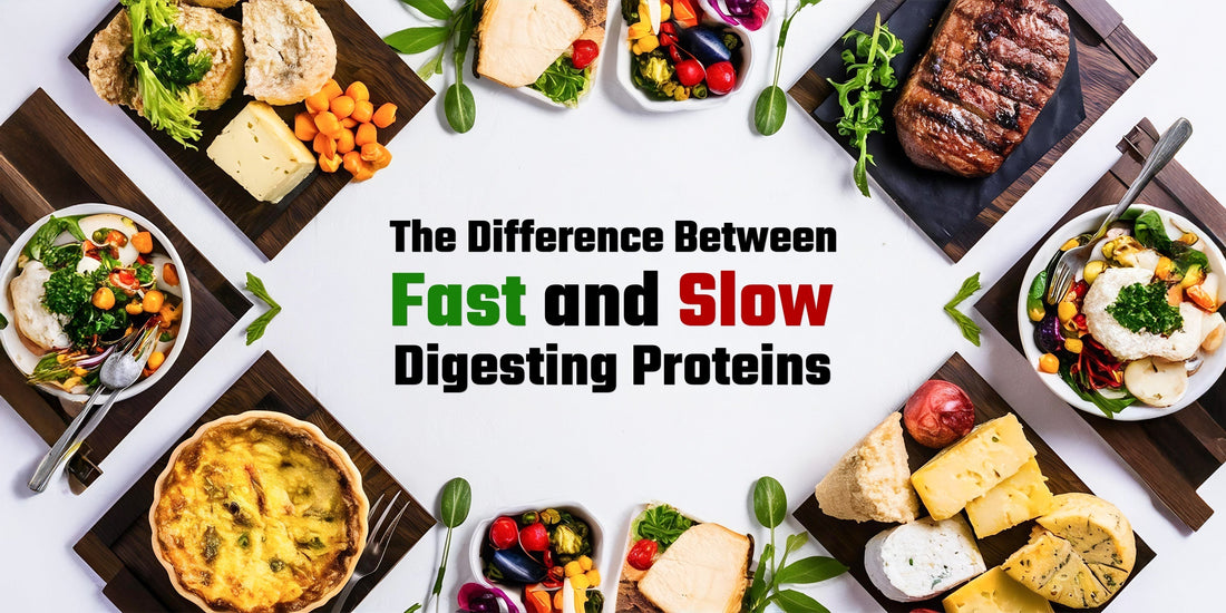 Variety of foods containing fast and slow digesting proteins such as cheese, steak, eggs, and salad