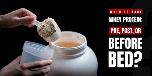 Hands scooping whey protein powder into shaker bottle – When to take whey protein: pre, post, or before bed?