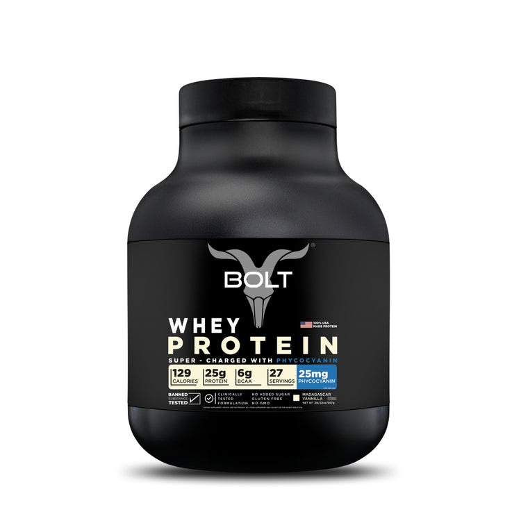 Bolt Whey Protein Powder | With Superfood PHYCOCYANIN | USA Formulation & Origin |Muscle Building | Bone Strength, Immunity, Healthy Skin, Hair & Nails