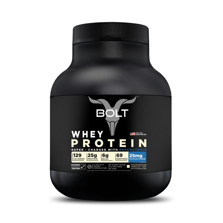 Bolt Whey Protein Powder | With Superfood PHYCOCYANIN | USA Formulation & Origin |Muscle Building | Bone Strength, Immunity, Healthy Skin, Hair & Nails