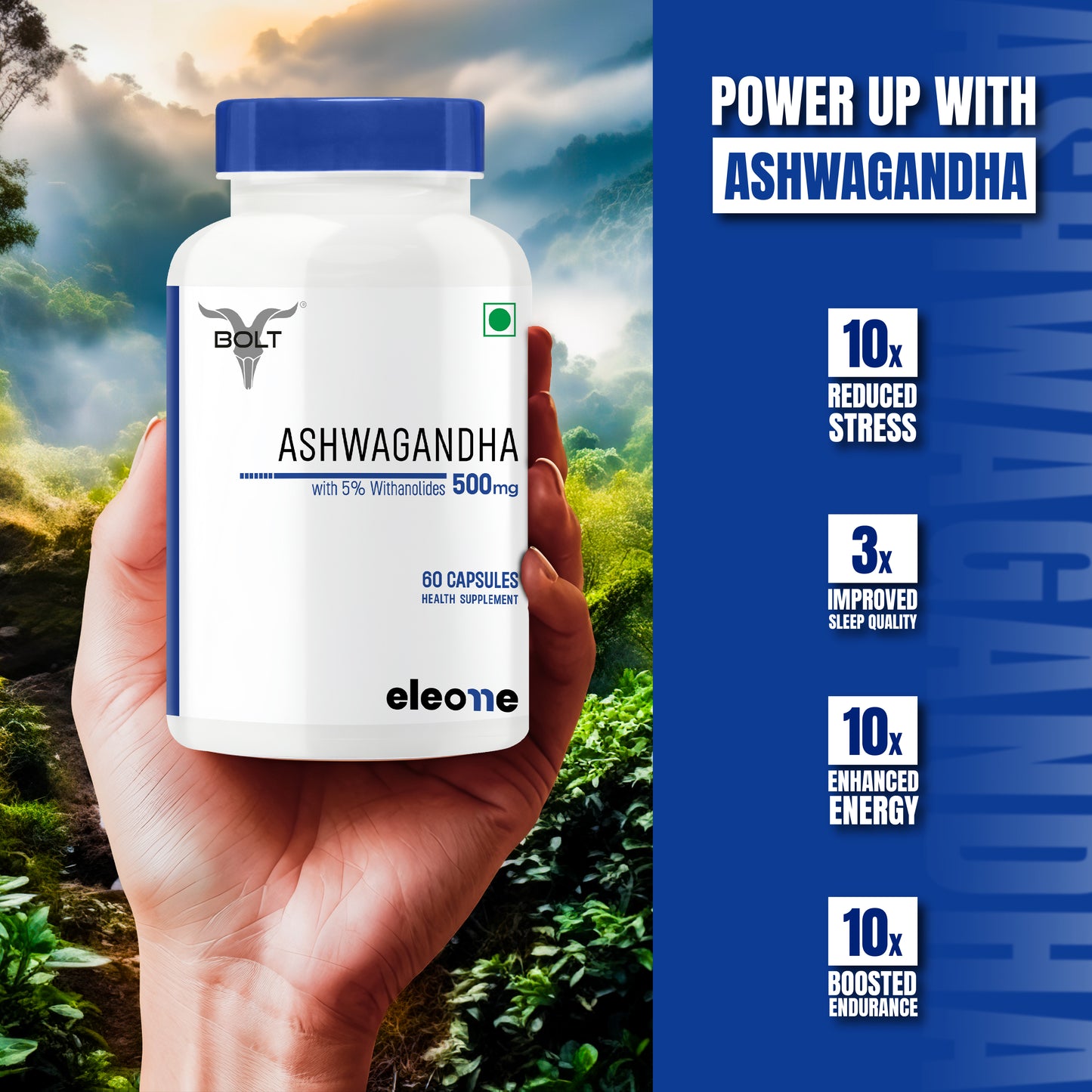 eleone by Bolt Ashwagandha (60 Veg Capsules) | standardized to 5% Withanolides | Support strength & energy