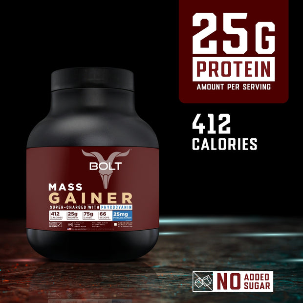 Bolt Mass Gainer with 25mg Phycocyanin, 25g Protein, 75g Carbs & 412 Calories | For Muscle Gainer & Weight Gain Objectives