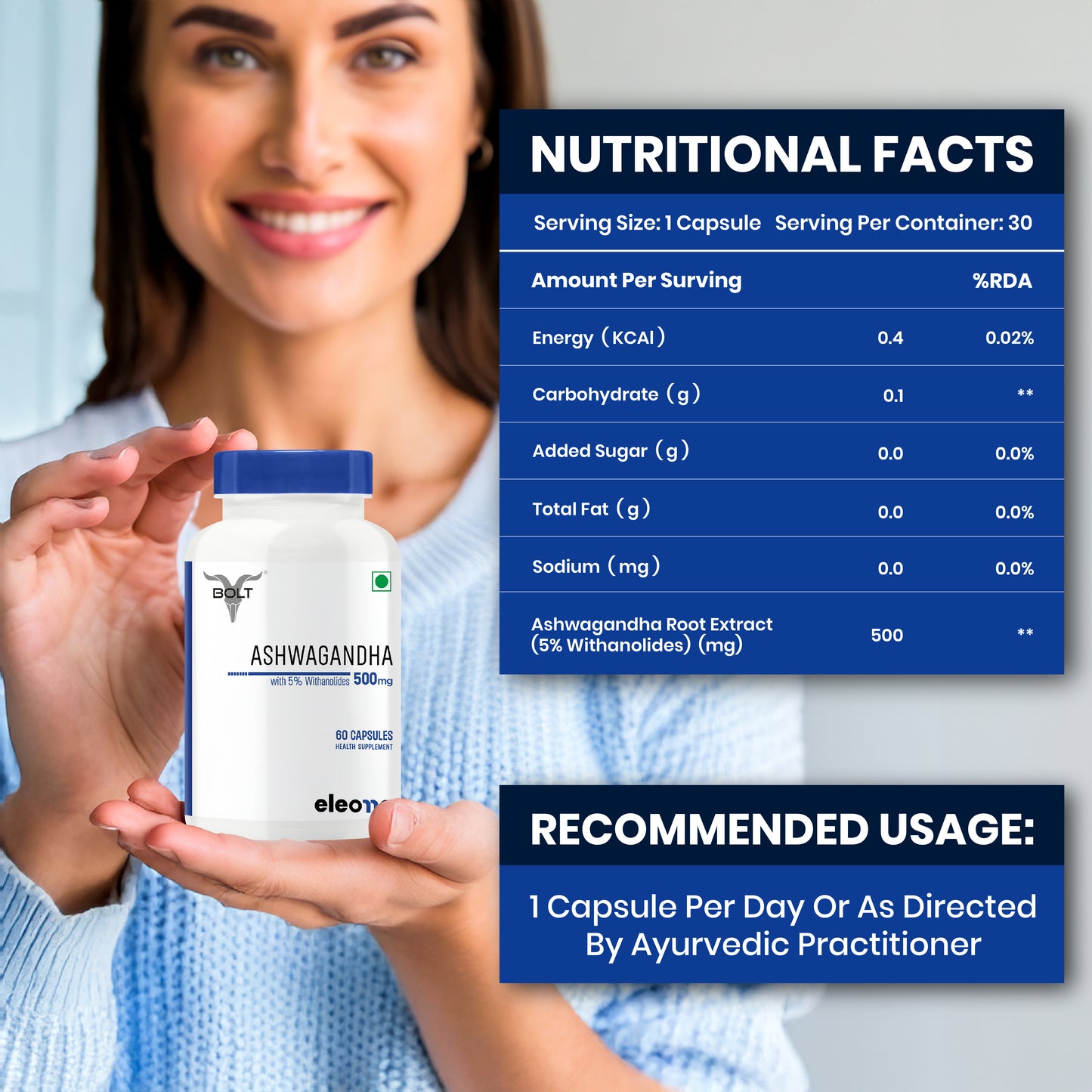 eleone by Bolt Ashwagandha (60 Veg Capsules) | standardized to 5% Withanolides | Support strength & energy