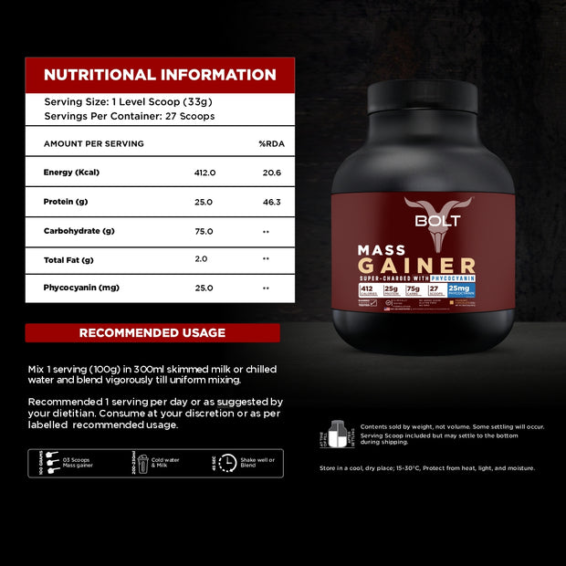 Bolt Mass Gainer with 25mg Phycocyanin, 25g Protein, 75g Carbs & 412 Calories | For Muscle Gainer & Weight Gain Objectives