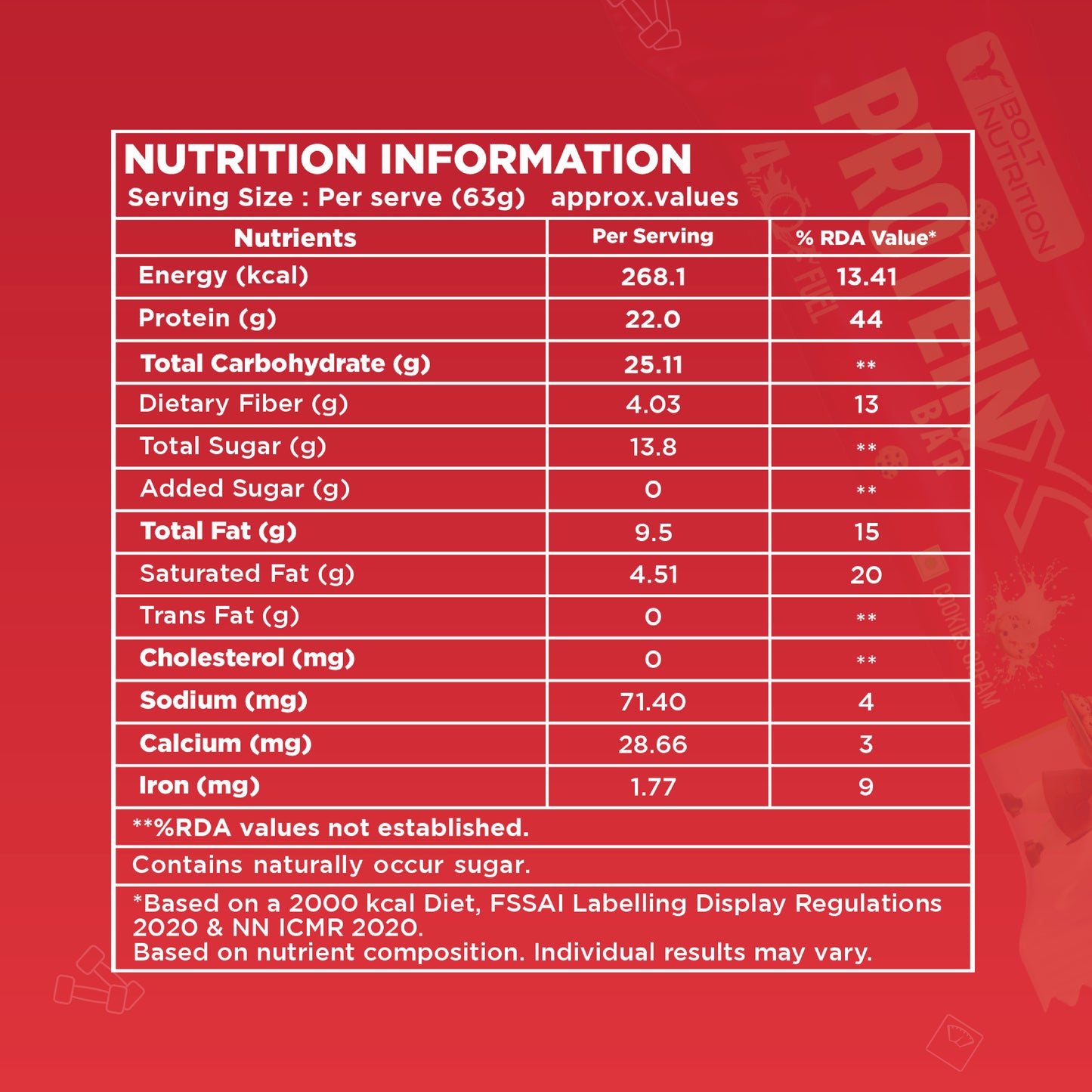 Cookie & Cream, Protein bar Nutrition Information label with 22g protein per 63g serving and 268 kcal energy.
