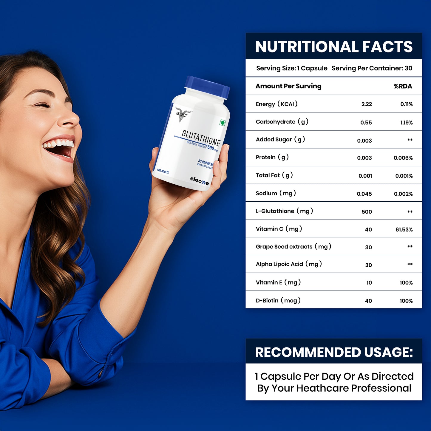 eleone by Bolt Glutathione (30 Veg Capsules) | With Vitamin C & E, Biotin | For Skin Glow and Hydration