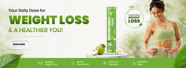 Advertisement for weight loss supplement with a woman measuring herself, green apple, and product packaging.