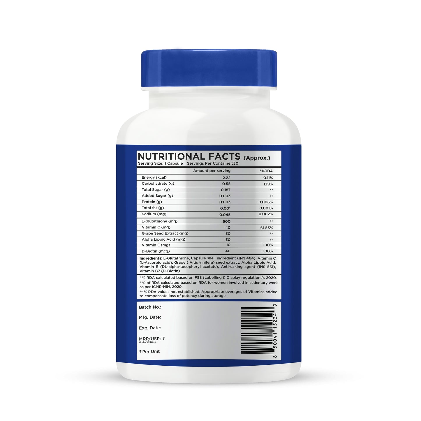 eleone by Bolt Glutathione (30 Veg Capsules) | With Vitamin C & E, Biotin | For Skin Glow and Hydration