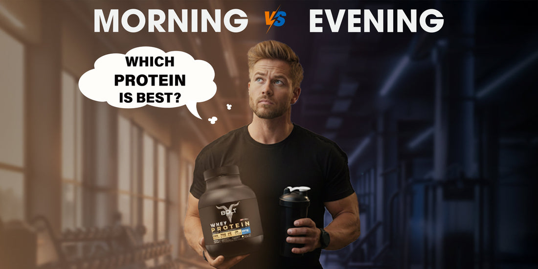 Man holding Bolt Whey Protein comparing morning vs evening protein timing