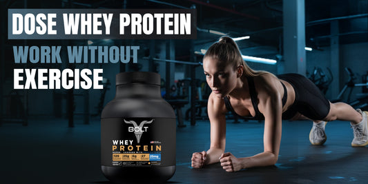 Female athlete doing plank in gym with Bolt Whey Protein pack displayed on the side