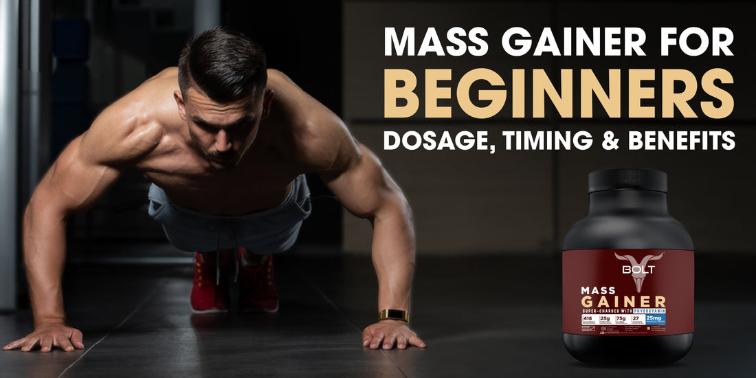 Beginner performing push-ups in a gym with a mass gainer supplement container placed beside, representing mass gainer usage for muscle growth.
