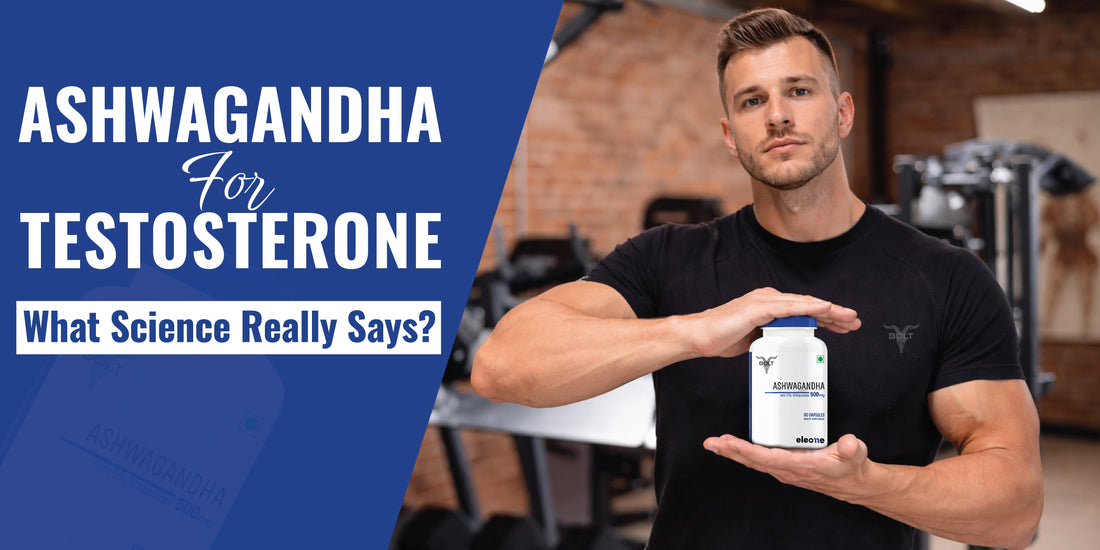 Muscular man holding ashwagandha 500mg supplement bottle for natural testosterone support and muscle recovery.