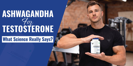 Muscular man holding ashwagandha 500mg supplement bottle for natural testosterone support and muscle recovery.