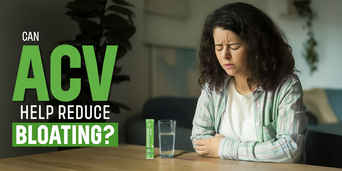 Woman experiencing bloating sitting at a table with a Bolt Nutrition ACV effervescent tablet beside a glass of water.