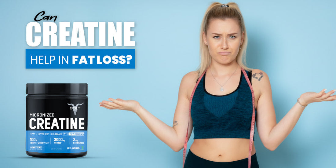 Fit woman confused about weight loss standing next to a Bolt Nutrition creatine tub with the question: Can creatine help in fat loss?