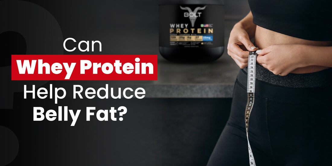 Woman measuring waist with tape showing belly fat reduction while whey protein container is placed in background