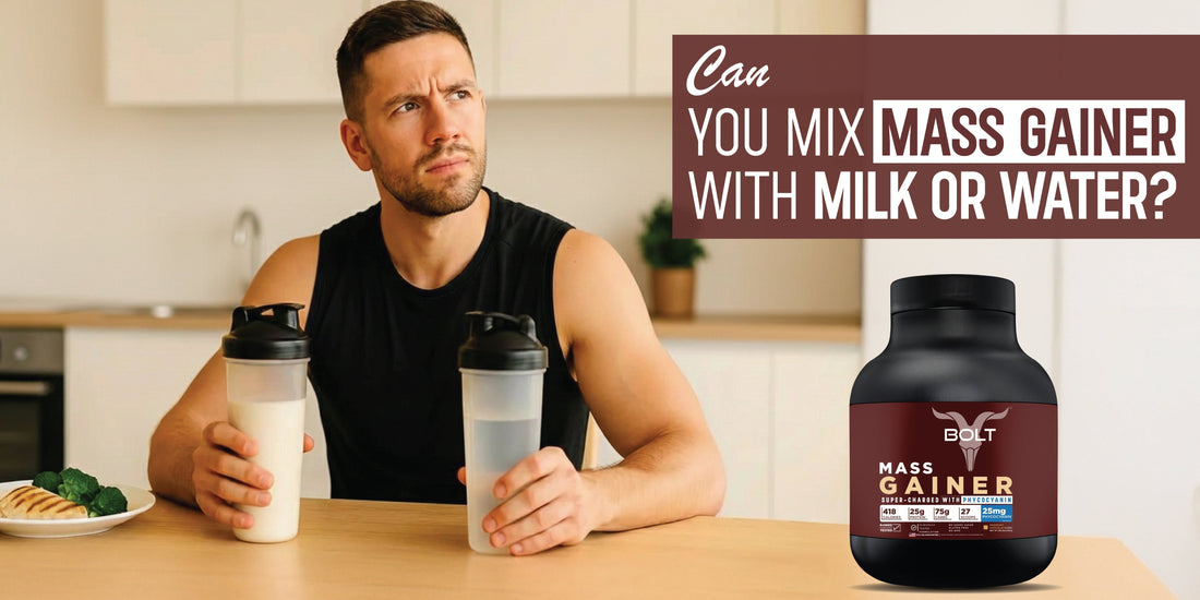 Man comparing milk and water shakes with Bolt Mass Gainer supplement, illustrating mass gainer mixing options