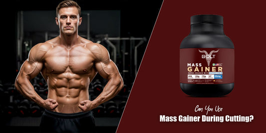 Muscular athlete in gym beside mass gainer supplement container with text asking can you use mass gainer during cutting