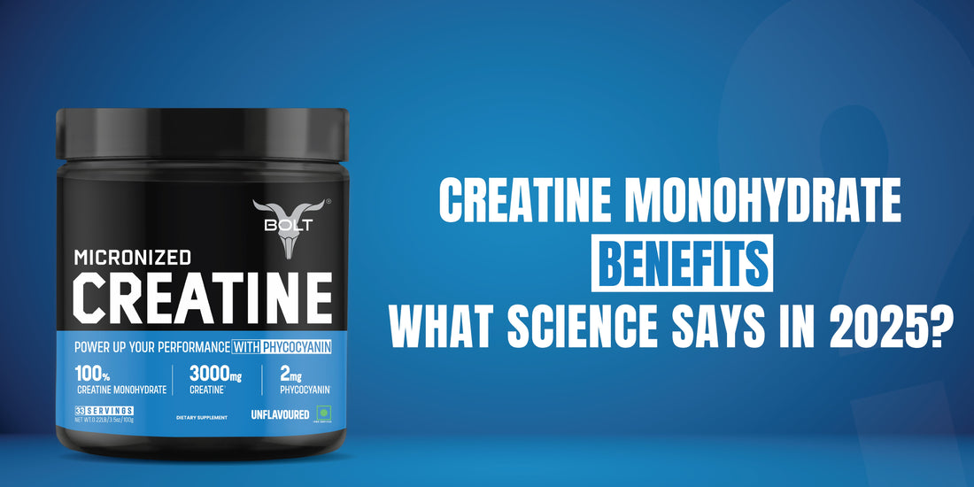 A container of micronized creatine monohydrate supplement placed against a blue background, highlighting the benefits of creatine according to scientific research in 2025.