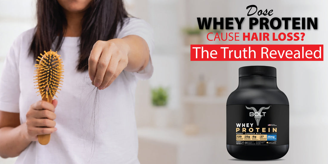 Woman holding hair strands and hairbrush with Bolt Whey Protein container, illustrating concerns about whey protein and hair loss