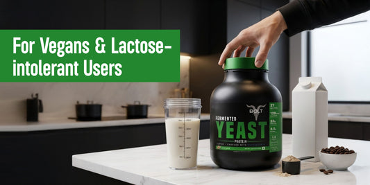 Fermented yeast protein powder with plant-based milk for vegan and lactose-intolerant users in a modern kitchen