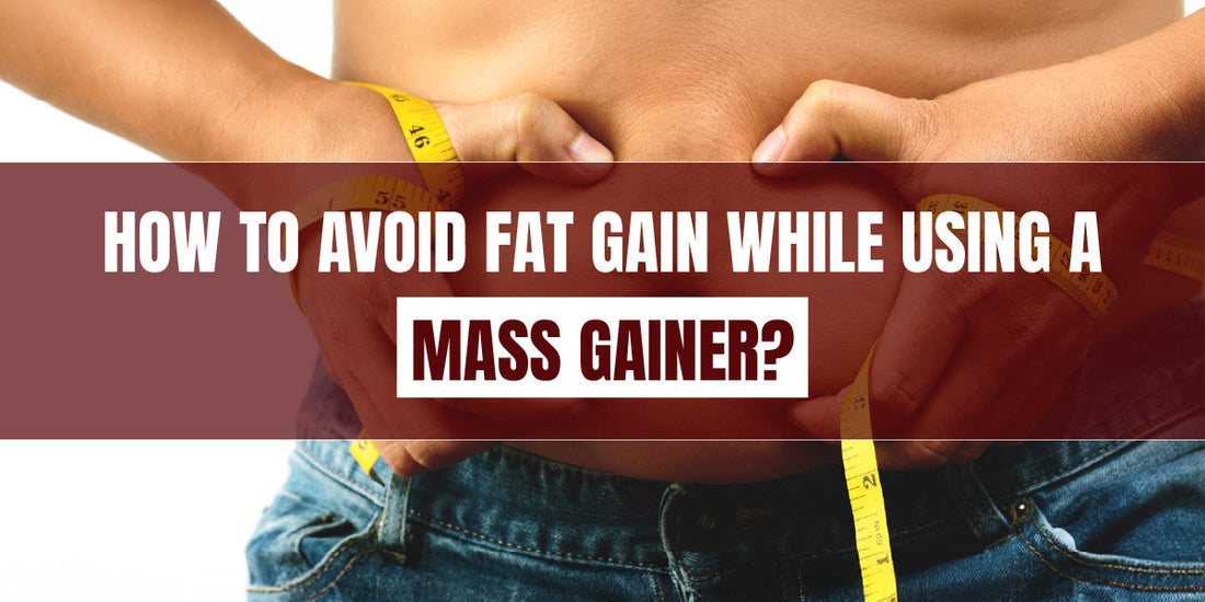 Person measuring belly fat with tape and text overlay on avoiding fat gain with mass gainer.