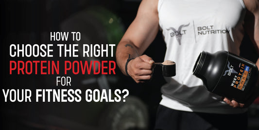 Man holding a scoop of protein powder next to a whey protein container while choosing the right protein for fitness goals.