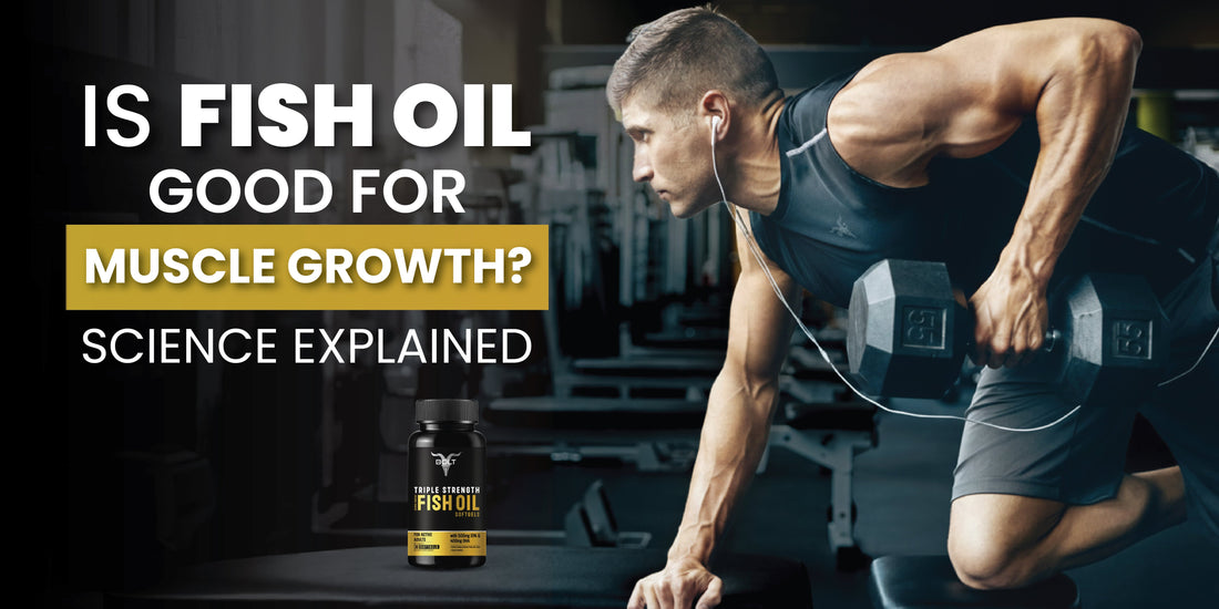 Athlete performing dumbbell row with triple strength fish oil supplement bottle highlighting omega-3 for muscle growth and recovery.