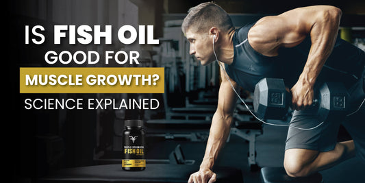 Athlete performing dumbbell row with triple strength fish oil supplement bottle highlighting omega-3 for muscle growth and recovery.