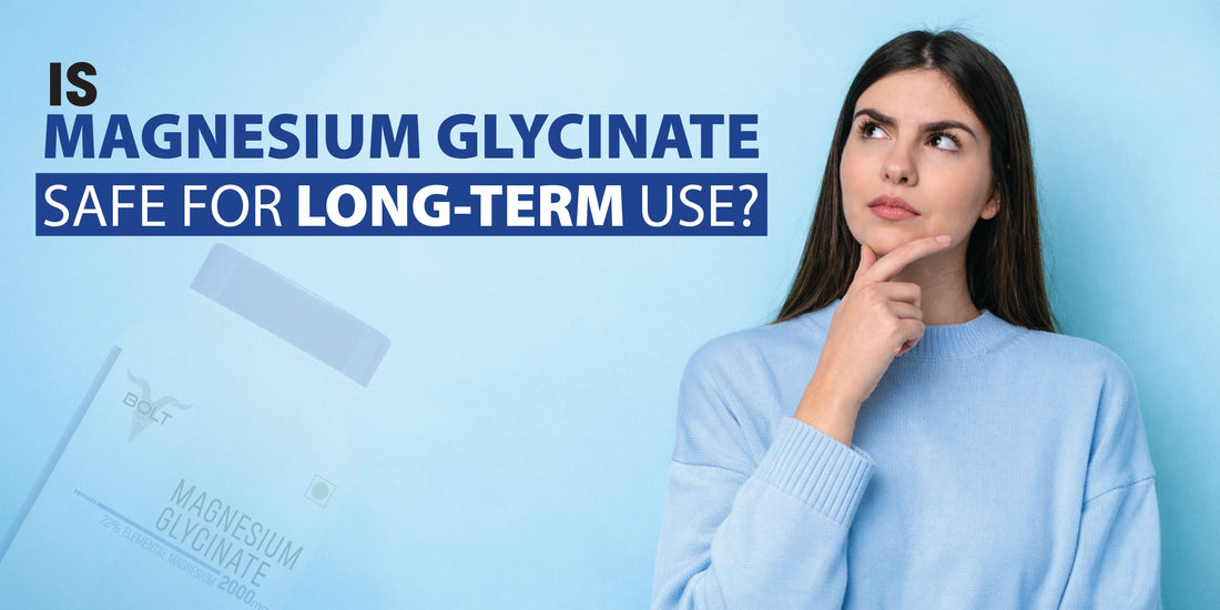 A woman thoughtfully looking upward while standing beside a magnesium glycinate supplement bottle, representing long-term safety concerns of magnesium supplementation.