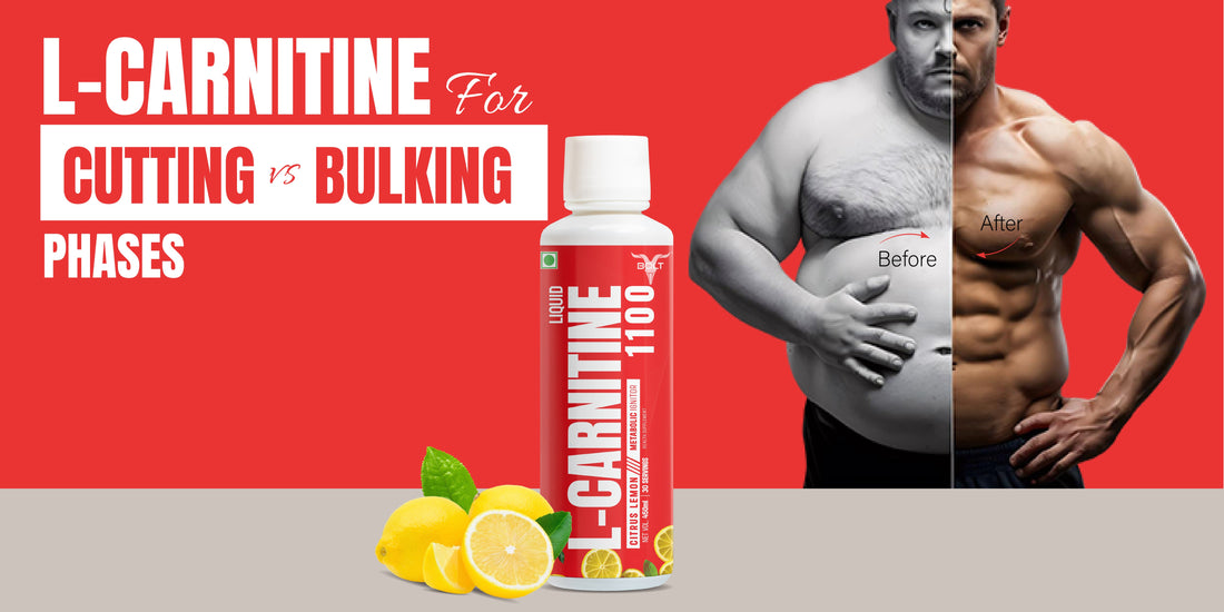 Bolt Nutrition L-Carnitine bottle with before-after fitness transformation comparing cutting and bulking phases