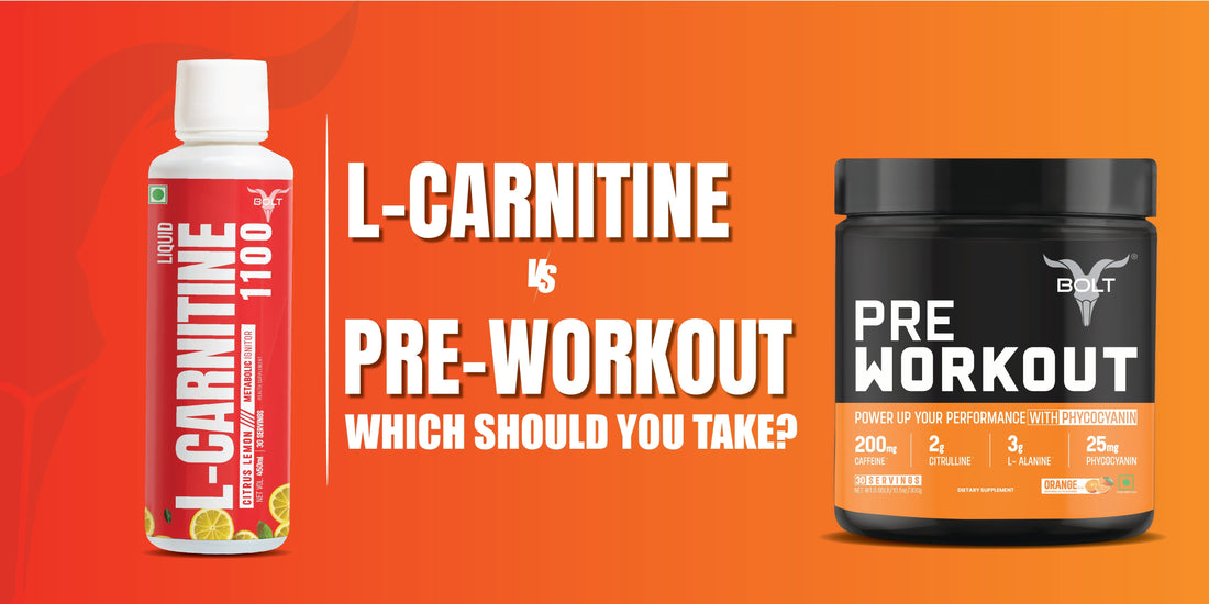 Bolt Nutrition L-Carnitine 1100 bottle and Bolt Nutrition Pre-Workout container comparison banner – L-Carnitine vs Pre-Workout graphic
