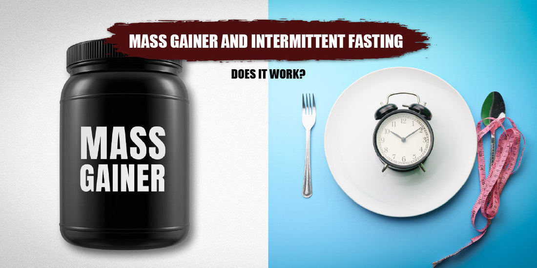 A mass gainer supplement jar placed beside an intermittent fasting setup featuring a plate with a clock and a measuring tape, representing weight gain during fasting.