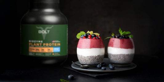 Peanut butter and jelly overnight oats recipe using Biozyme plant protein recipe