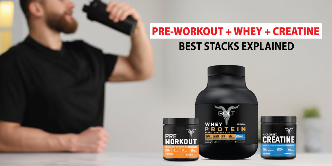 Athlete drinking a workout shake with Bolt Nutrition pre-workout, whey protein, and creatine displayed on a table — best workout supplement stack explained