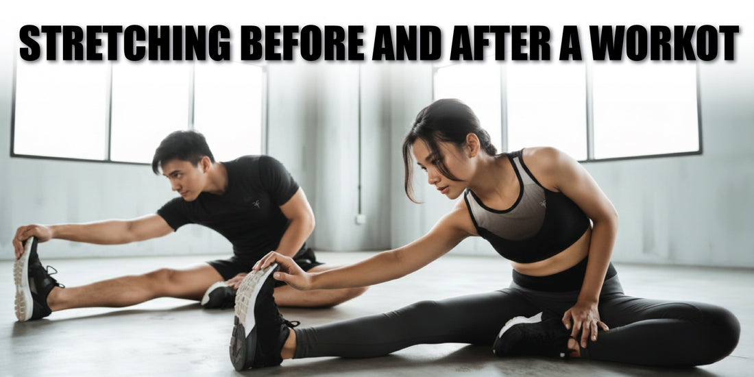 Man and woman performing stretching exercises before and after workout for flexibility and muscle recovery.