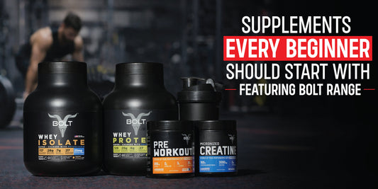 Beginner fitness supplements including whey protein, whey isolate, pre-workout, and creatine displayed in a gym setting