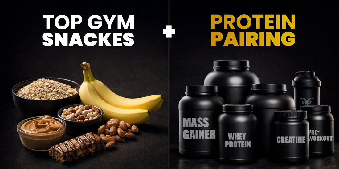Top gym snacks like oats, banana, peanut butter with whey protein, creatine and mass gainer supplements
