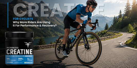 A promotional fitness banner featuring a cyclist riding on a mountain road alongside Bolt Micronized Creatine supplement.