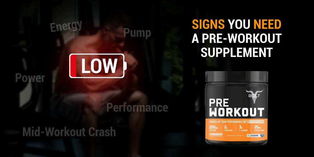 Athlete experiencing low energy during workout with pre-workout supplement container highlighting signs like low power and mid-workout crash