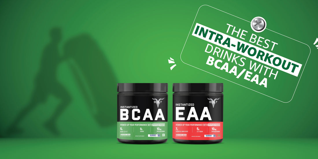 BCAA and EAA intra-workout supplement containers on green background, representing best intra-workout drinks for performance and recovery