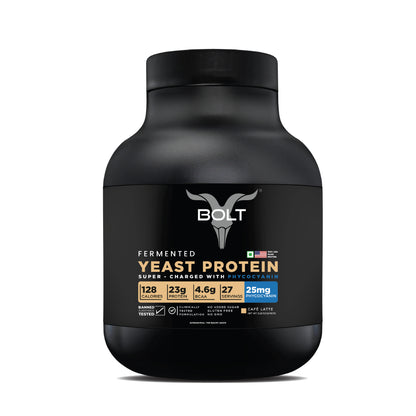 Cafe latte_Black protein supplement container with 'Bolt' branding on a white backgroundatte