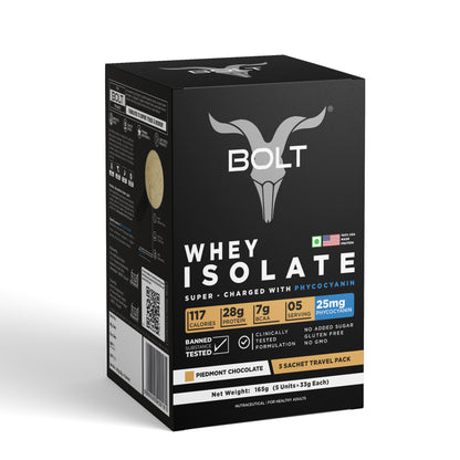 Bolt whey isolate protein sachets pack of 5 with piedmont chocolate flavour