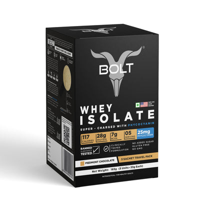 Bolt whey isolate protein sachets pack of 5 with piedmont chocolate flavour
