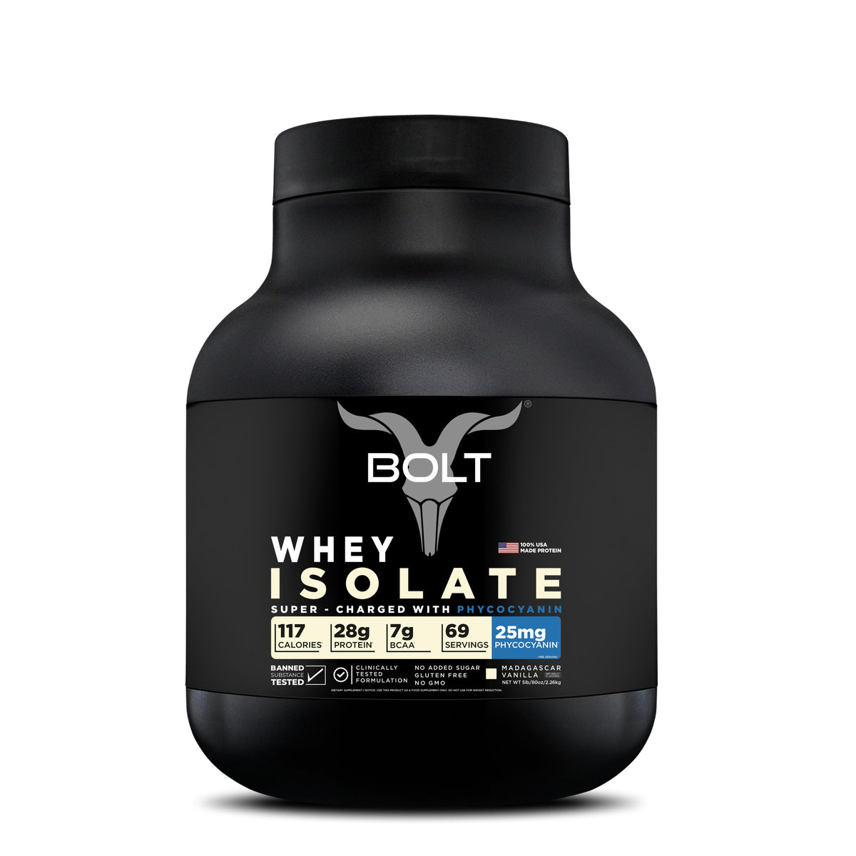 Bolt Whey Isolate Protein Powder | 5LB, 69 Servings | With Superfood PHYCOCYANIN | USA Formulation & Origin